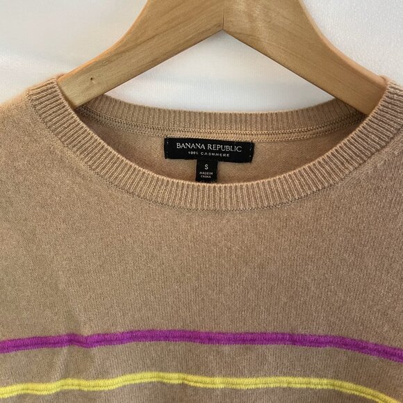 Banana Republic Striped 100% Cashmere Crew Neck Sweater Small Camel Brown - Picture 3 of 10
